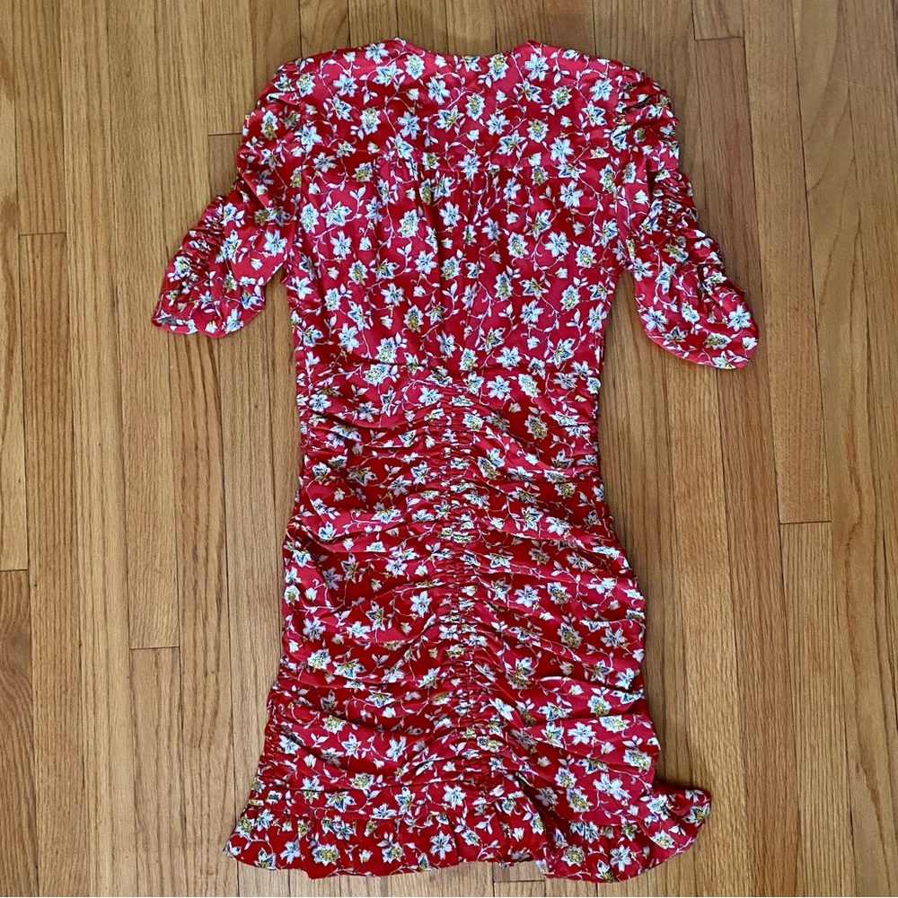 Floral Ruched V-Neck Mini Dress - Red - Picture 3 of 4